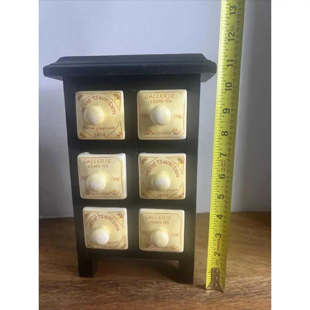 Vintage French Style Apothecary Spice Rack with 6 Porcelain Drawers and Wood Cab